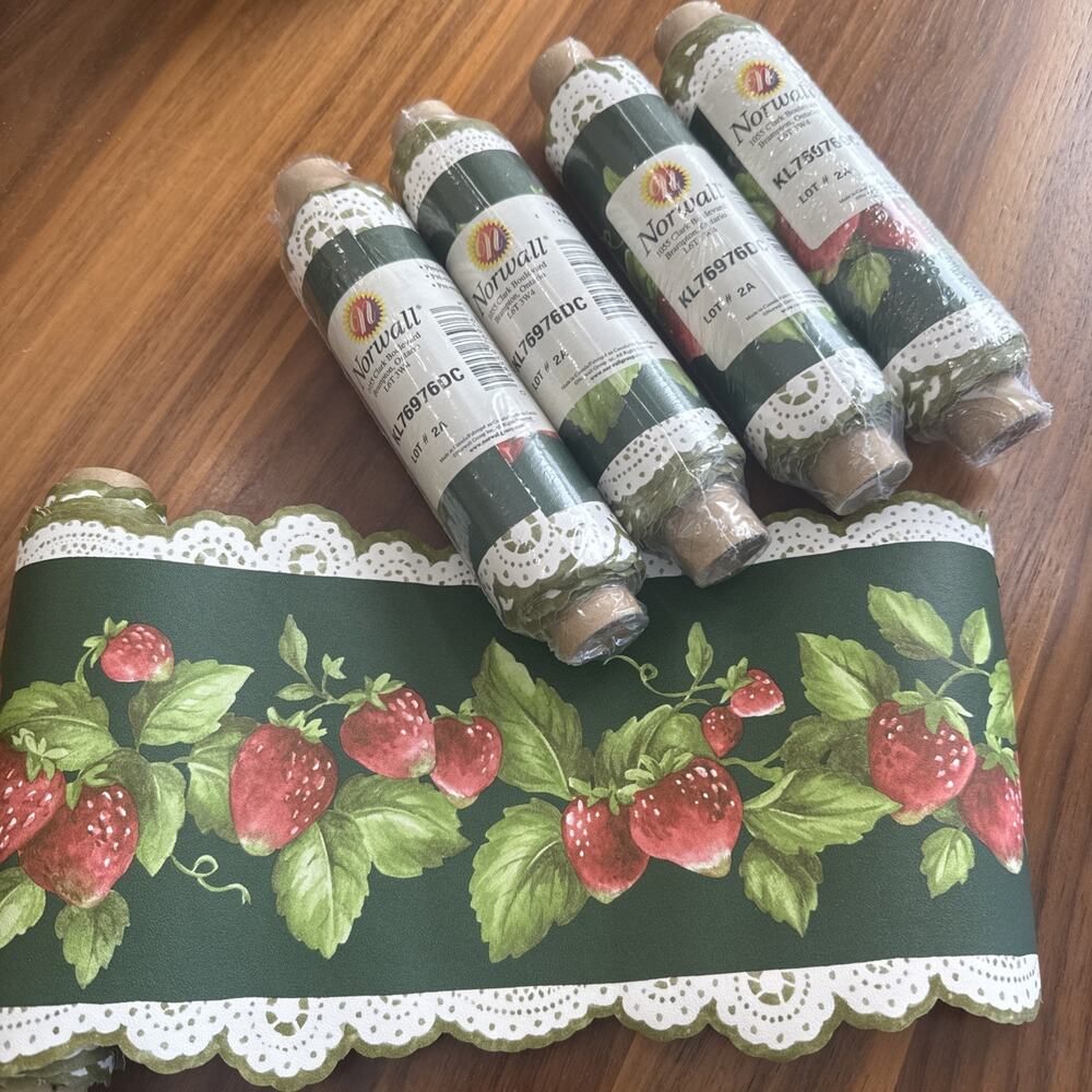 5 Norwall Die Cut Strawberry Wallpaper Border PRE-PASTE VTG Cottage Farmhouse